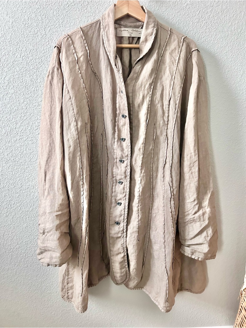 Cynthia Ashby Vintage 100% Linen Tan Pintucked Button Front Tunic Top One Size